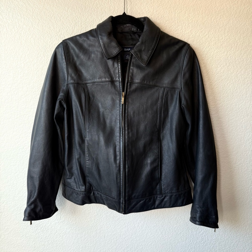 Vintage Y2K GAP Black Leather Jacket | 2000s Genuine Leather Zip Up | Medium